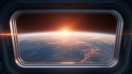 A view of Earth rising above the horizon from the window of a spacecraft, with the sun shining brightly behind the planet.