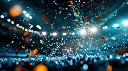 Close-up of confetti falling against the backdrop of stadium floodlights illuminating the night sky during a thrilling football match