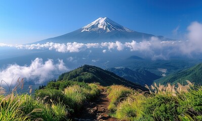Fototapeta premium Mountain path to snow top on nature landscape with fresh air and green grass