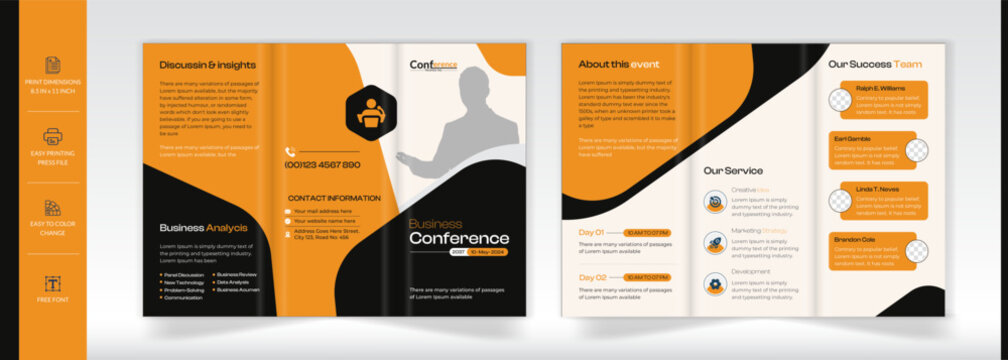 Business conference trifold brochure template design. Modern event trifold brochure design in A4 size