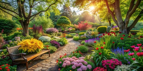 Obraz premium Serene atmosphere in a vibrant garden, featuring blooming flowers and lush foliage, inviting relaxation and tranquility, perfect for mindfulness and deep breathing exercises.