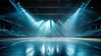 Close-up shot of an empty basketball court in a dimly lit arena, illuminated by cinematic blue-violet lights, emphasizing the contrast between shadows and highlights