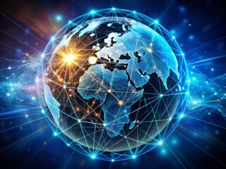 Naklejka premium Global business globe surrounded by network of digital connections, representing innovative marketing strategies and creative solutions for business growth and development.