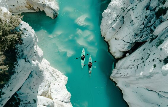 Aerial view of two kayakers in a turquoise river between white rocks, in the style of an adventure and outdoor activities concept.