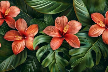 Obraz premium Tropical Floral Pattern with Orange Hibiscus and Green Leaves
