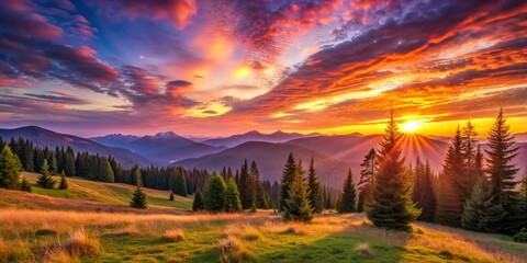 Obraz premium Golden Hour Sunset Over Mountain Range with Pine Forest, mountain, landscape, nature, sunset