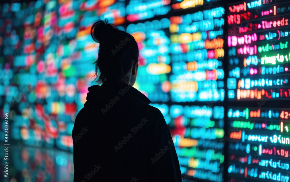 Poster person in hoodie staring at a digital screen displaying colorful code and data, symbolizing technolo