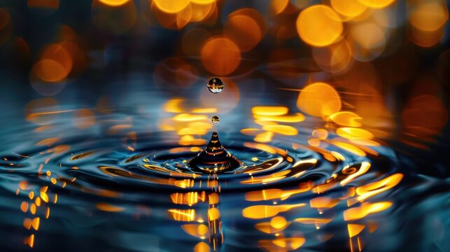 Close-up view of a raindrop suspended mid-air, showcasing intricate concentric circles and refracted light