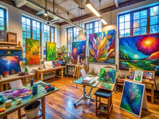 Vibrant art studio with eclectic mix of colorful paintings, abstract artwork, and digital screens, surrounded by creative tools, inspiring digital artistry and artistic expression.