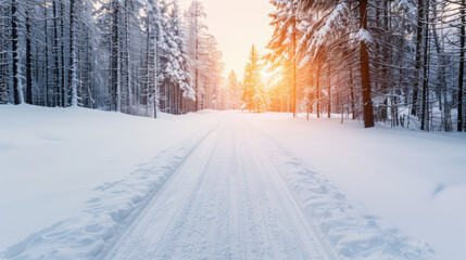 Obraz premium A serene winter landscape featuring a snow-covered forest path with sunlight peeking through the trees during sunset in a tranquil, snowy scene.