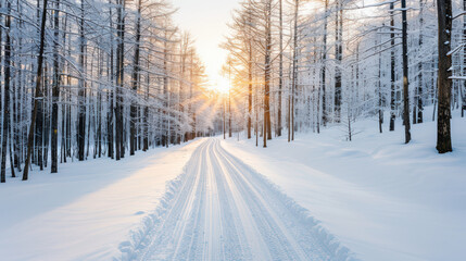 Obraz premium Serene winter landscape with a snowy forest and a sunlit path winding through tall trees, capturing the peace and quiet of a frosty morning.