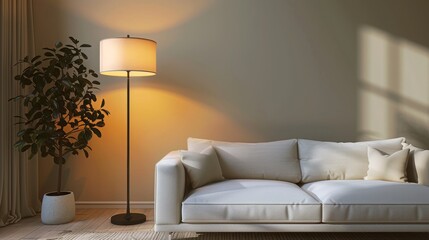 A three-dimensional render of a floor lamp standing beside a white sofa in a modern, minimalist living room setting, highlighting interior design.