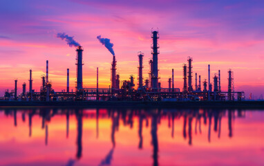 Naklejka premium A breathtaking view of an industrial refinery at sunset, with glowing lights reflecting on calm water, showcasing energy production and environmental balance.