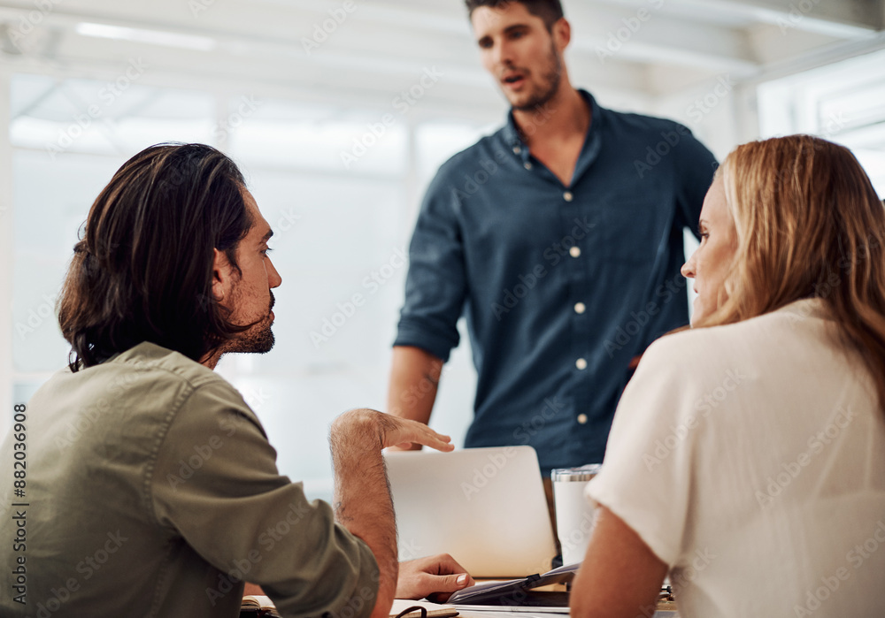 Poster Business people, meeting and teamwork to startup tech company with ideas, problem solving or manager feedback. Group, programmer or web developer talk of software, information or product development
