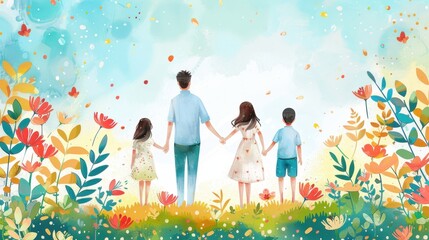 A happy family holding hands, symbolizing unity and togetherness in a stylized illustration.