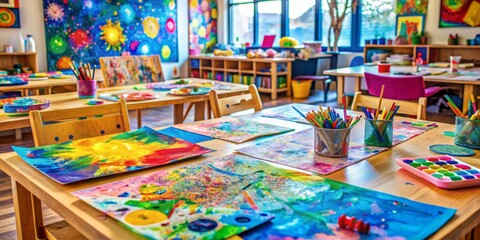 Colorful art supplies litter a classroom table as vibrant paint-splattered papers and half-finished masterpieces await young artists' return to their creative project.