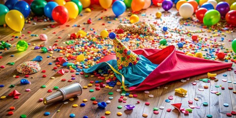 Obraz premium Colorful confetti scattered in the air, a tiny superhero cape lies crumpled on the floor, a party horn and balloons surround the joyful mess.