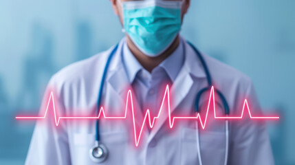 Doctor wearing a mask and stethoscope, with a heart rate monitor graph overlay. Concept of healthcare, medical profession, and cardiology.