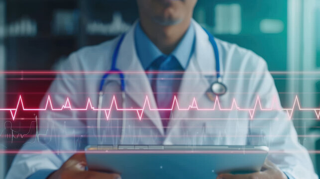 Doctor analyzing patient's heart rate graph on tablet with futuristic interface. Medical technology and healthcare innovation concept. - Powered by Adobe