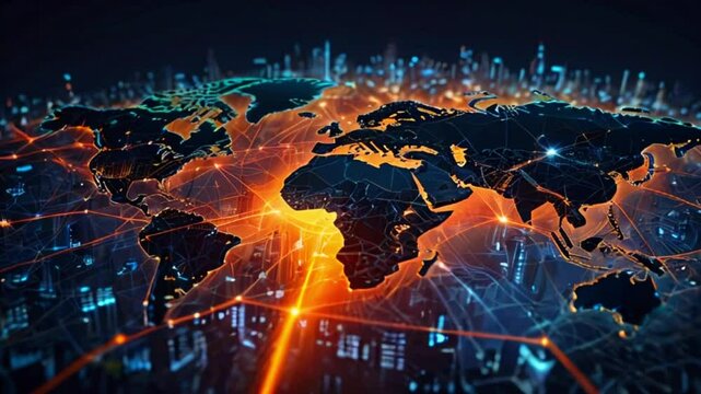 A dark world map with glowing orange and blue lines and dots.