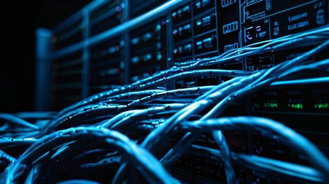 A dark video of a server rack with multiple blue ethernet cables plugged into the front.