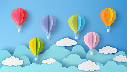 Obraz premium Paper art style of colorful hot air balloons and cloud on blue sky. Vector illustration