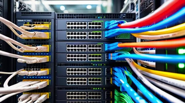 A rack-mounted network switch with many colorful Ethernet cables plugged into it.