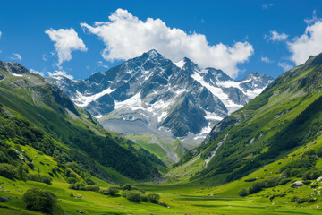 Obraz premium Scenic mountain landscape with lush green valleys, snow-capped peaks, and clear blue sky on a sunny day, perfect for nature lovers and outdoor enthusiasts.