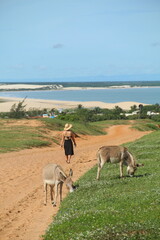 mulher fazendo trilha para ir até a pedra furada pelo morro do serrote, em jericoacoara, ceará 
