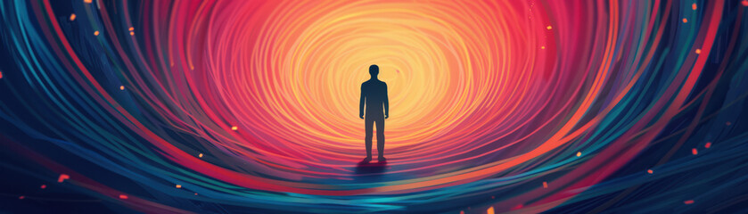 Silhouette of person standing in a cosmic vortex of vibrant colors, symbolizing the journey through the mind and expanding consciousness.