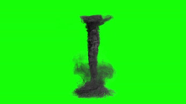 a tornado with debris and dust. 3d animation of a tornado. a black tornado on a green background. tornado isolated in 3d