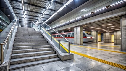 Obraz premium Modern city subway scene with sleek grey concrete platform and stairs, illuminated by natural light, empty except for a blurred train in the distance.