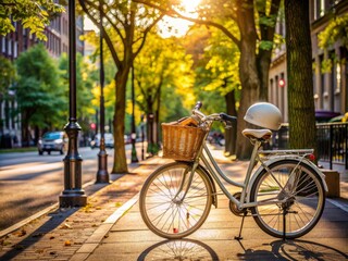 Urban scenery featuring a parked bicycle with a helmet and basket, leaning against a street sign on a quiet city sidewalk lined with trees.
