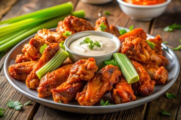 Fototapeta premium Deliciously illustrated line art depicts a mouthwatering plate of crispy chicken wings smothered in spicy buffalo sauce, served with ranch dressing and crunchy celery sticks.