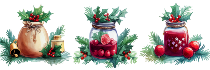 Christmas gifts and hot mulled wine on the background of a Christmas tree and fruits on a transparent background.