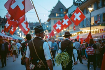 Traditional Swiss festival with people in traditional attire, numerous Swiss flags, and vibrant street atmosphere