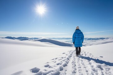 Person in blue winter jacket walking across snowy mountain landscape on sunny day