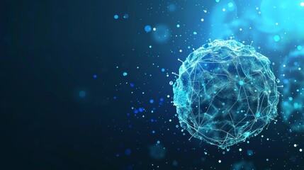 Abstract polygonal image on blue neon background. Virus cell concept in biology, new strain epidemic, infection pathogen. Drawing in low poly, wireframe, digital raster format.