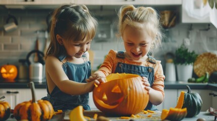 Fototapeta premium Family and kids carving pumpkins for halloween decorations and fun festive activities at home