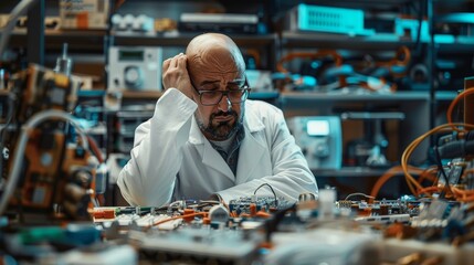 The technician is exhausted and frustrated while repairing the computer