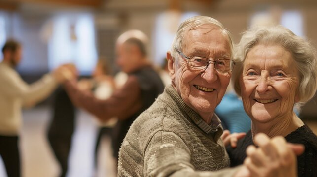 Romantic senior couple dancing together at dance hall