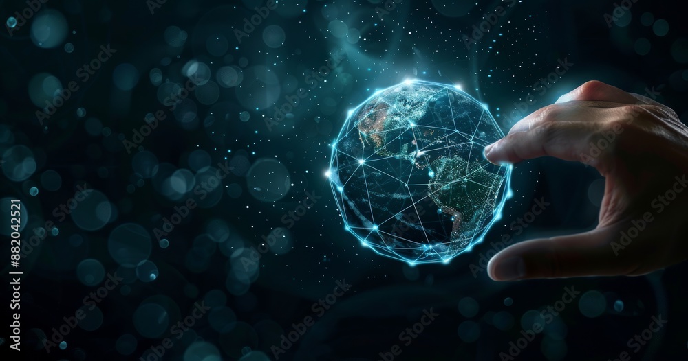 Poster cyberspace of the future. big data computing concept. digital neural network. hand-touching introduc