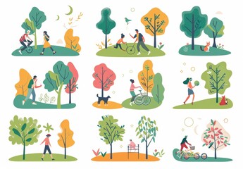 Fototapeta premium Self-care concept. Set of modern illustrations depicting stress and mental health management tips. People taking care of themselves.