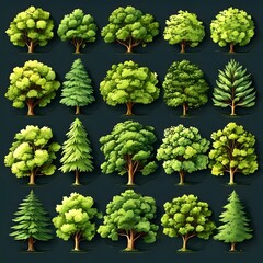 set of green trees with a dark green background