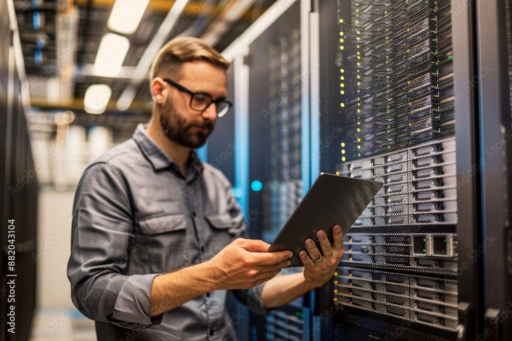 Poster a datacenter technician inspects a server with a clipboard and uses high quality generative ai.