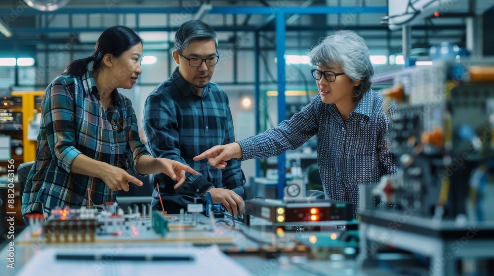 Poster an engineering team selects printed circuit boards to work with. a computer shows programming in pro