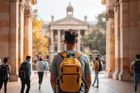 Firstyear students gathering in front of iconic academic buildings, vibrant atmosphere, beginning of university life, architectural marvels, educational pursuits