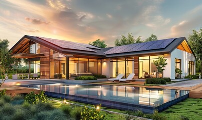Rooftop solar panels provide green energy from the sun in a modern and sustainable manner.