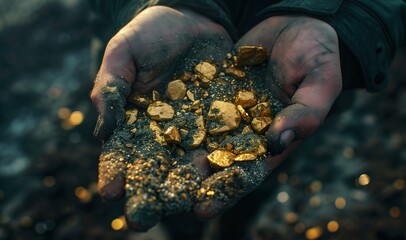 A bunch of gold ore on a man's palm. Men use handles of pure gold minerals found in gold mines. 