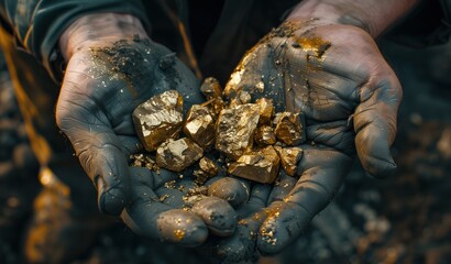 A bunch of gold ore on a man's palm. Men use handles of pure gold minerals found in gold mines. 